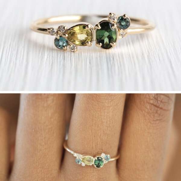 anillo con zafiro verde talla pera